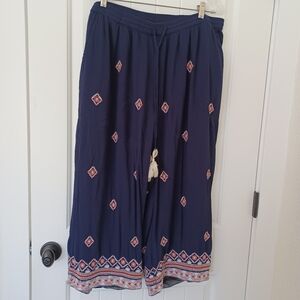 Boho, Sundance, Embroidered, Wide Leg, Cropped Pants, Size XL